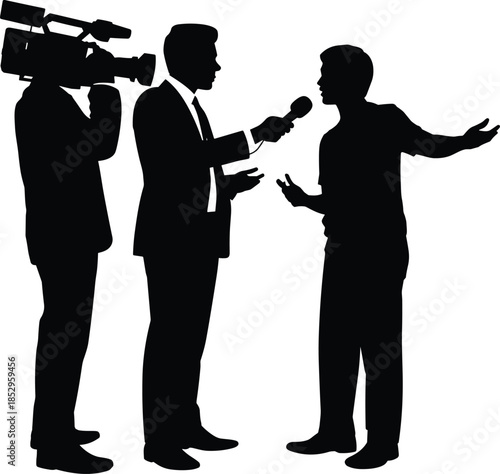 Journalist interviewing person on camera with microphone for television news reporting media production broadcast silhouette vector illustration design