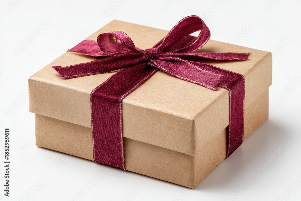 Obraz premium Gift box. One beige colored present box tied maroon velvet ribbon and bow. Joy, anticipation of receiving presents. Single 3D Giftbox neat isolated white backdrop. Distinctive festive Christmas gifts.