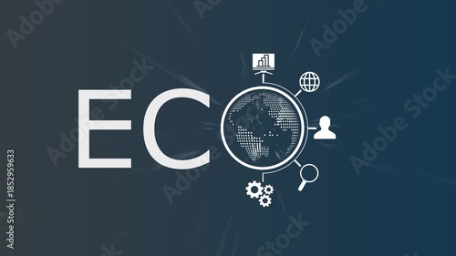 Enterprise Communication ECO Concept Animation with Global Business Network, Data Analytics, Customer Management, Technology Icons and Worldwide Digital Service System on Dark Background