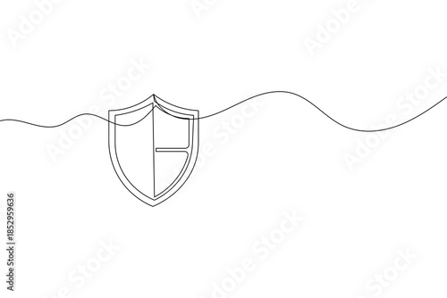 Minimalist one line drawing of a shield symbol for defense and insurance
