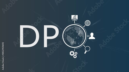 Digital Product DPO Concept Animation with Global Data Network, Business Analytics, Customer Management, Technology Icons and Worldwide Digital Service System on Dark Background
