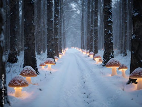 Enchanted Forest Path: Glowing Mushrooms in Winter Wonderland