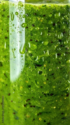 Close-up, macro shot of a refreshing green plant-based smoothie in a glass