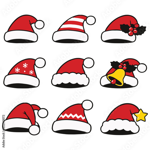 Santa Hat Icons Set – Minimal Flat Christmas Hat Vector Collection