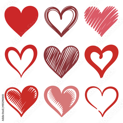 Heart Series Vector Set with Love Symbols, Romantic Shapes, Valentine Design Elements, Flat and Line Style Hearts for Web, Print, and Branding