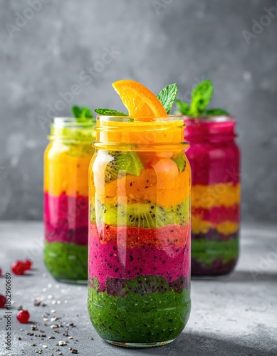Colorful Plant-Based Smoothie Jars with Bokeh Background