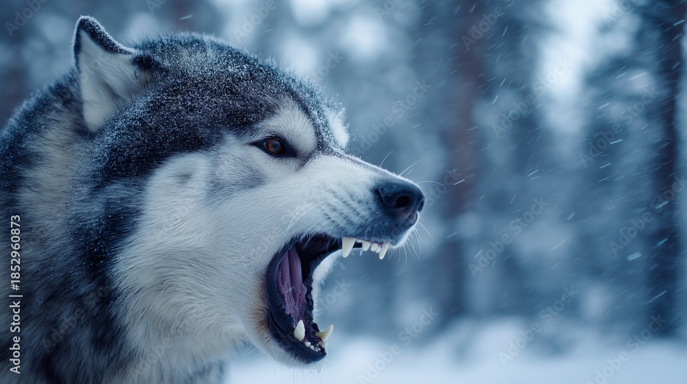 Obraz premium Snarling Husky in Snowy Winter Forest