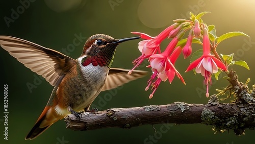 A ruby throated hummingbird delicately feeds amongst vibrant fuchsia flowers in nature