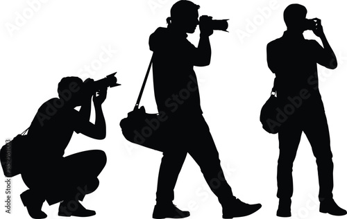 Photographer silhouettes capturing moments with professional cameras in different poses isolated black vector illustration for media photography concept