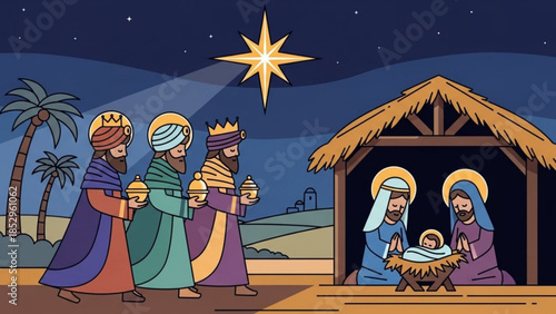 Nativity scene with the three wise men approaching the stable featuring baby Jesus Mary and Joseph under the Star of Bethlehem flat vector illustration for Christmas