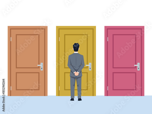 businessman standing closed doors three doors to choose choice way concept