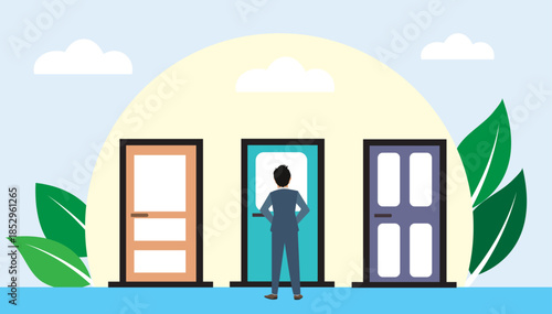 businessman standing closed doors three doors to choose choice way concept