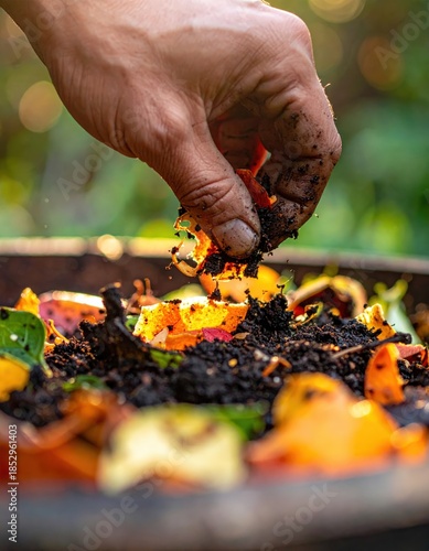Close-up of Hands Composting Food Scraps