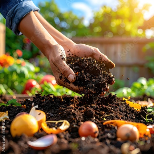 Person Composting Food Waste in a Backyard Garden