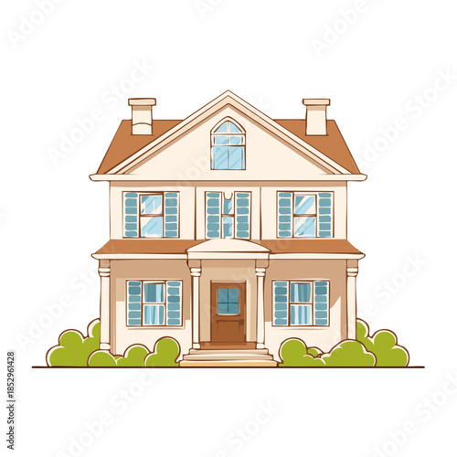 Illustration of a two-story house with porch, dormer window and trimmed green bushes