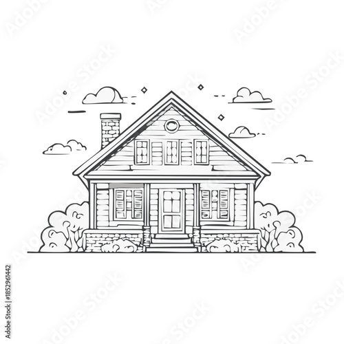Charming Single Story House Facade: Hand-Drawn Style Home with Front Porch & Landscaping - Illustration