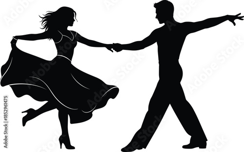 Elegant dancing couple silhouette in motion, romantic ballroom pose with flowing dress, perfect for dance, celebration, and performance themes.