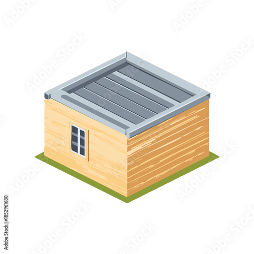Isometric Wooden Cabin with Metal Roof on Green Plot Illustration
