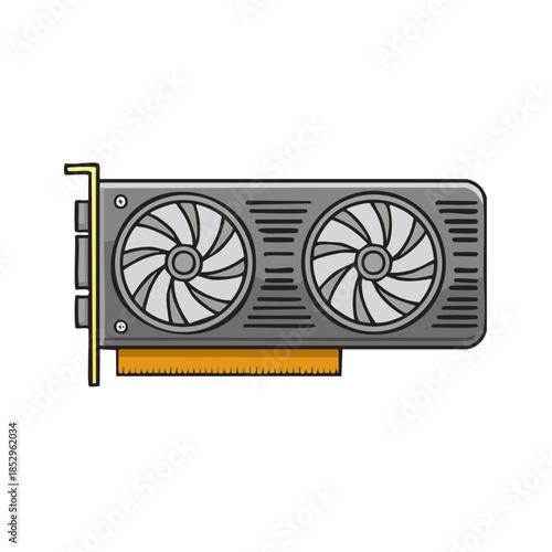 Isolated graphic card illustration featuring dual fans, heatsink, and expansion slot on a white backdrop.