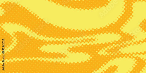 Yellow halftone pattern. Retro comic gradient background. Bright orange pixelated dotted texture overlay. Cartoon pop art faded gradient pattern. Vector backdrop for poster, banner, advertisement