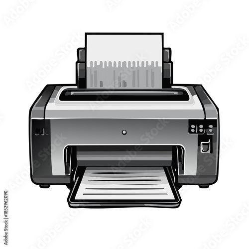 Stylized illustration of a gray printer with paper loaded and printing documents, isolated on white