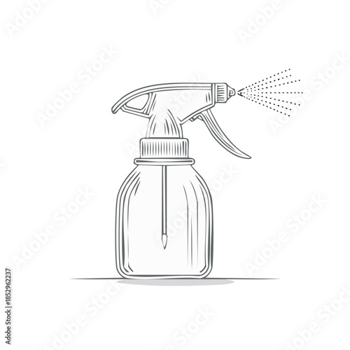Spray bottle illustration featuring water droplets on a white background for botanical usage or cleaning solutions concept