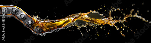 Golden oil splattered onto chrome engine parts, empty space