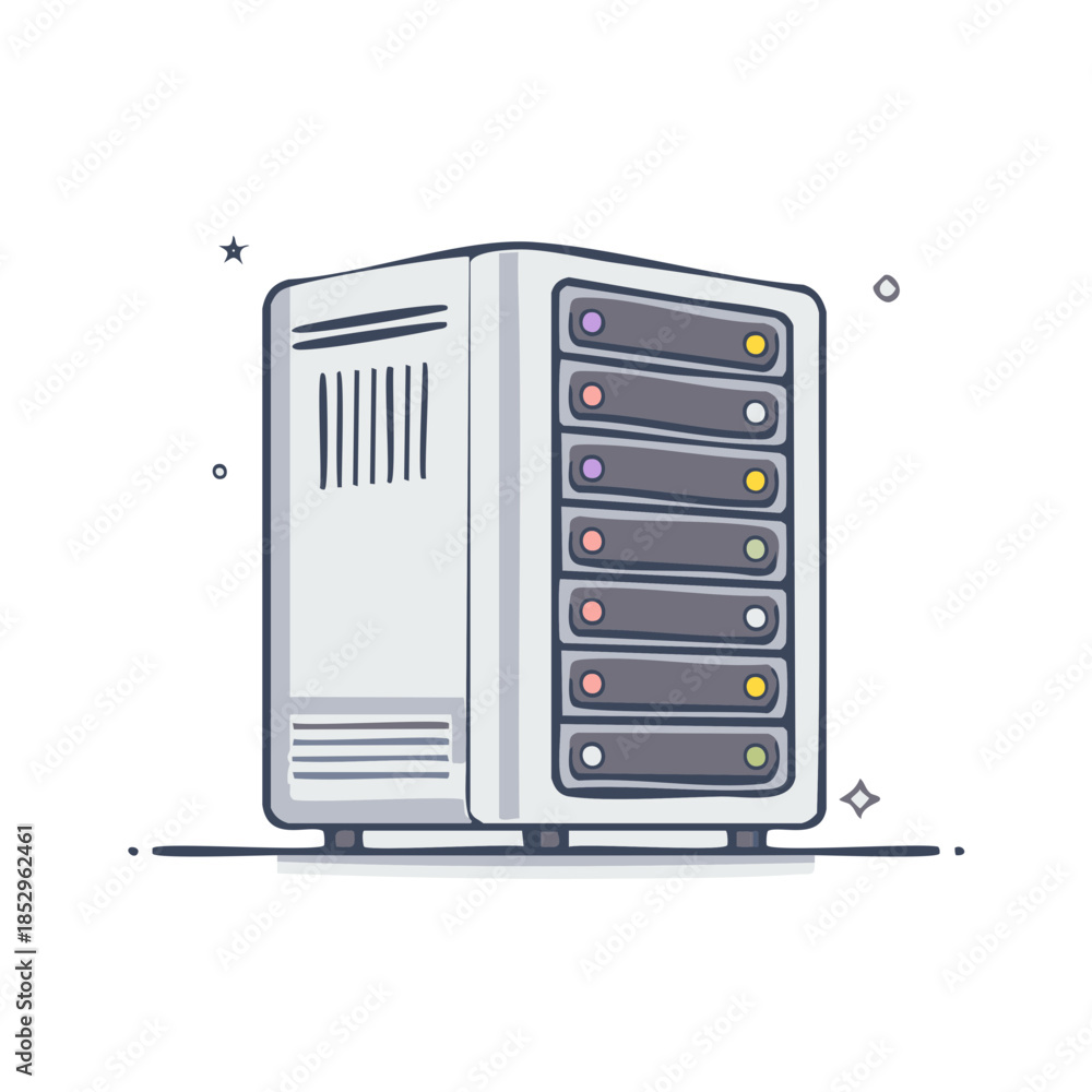 Fototapeta premium Illustration of a data server standing upright on a horizontal line shining with stars for network infrastructure purposes