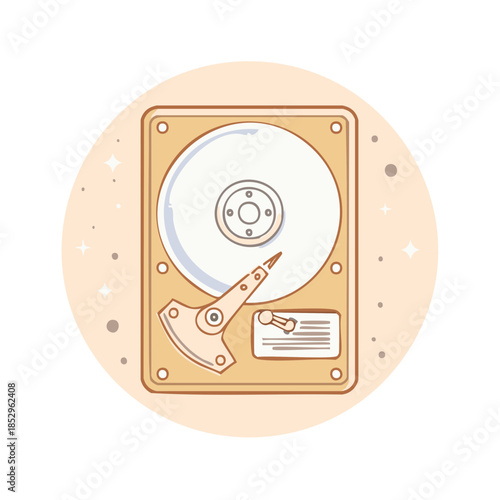 Internal Hard Disk Drive Platter and Actuator Arm inside an Orange Circular Graphic