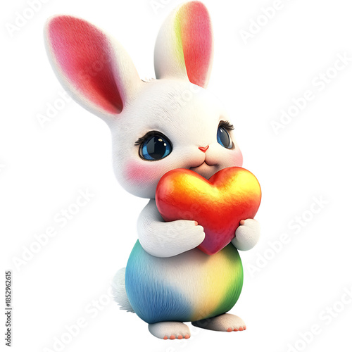 Cute cartoon rabbit holding rainbow heart isolated on a transparent background bunny