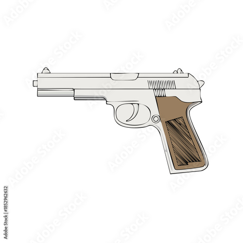 Illustration of a handgun pistol side view with trigger safety and grip ready for use. Firearm crime or self defense with hand drawn art in vector format.