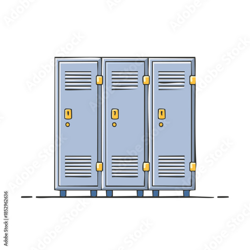 Illustration of lockers for school or gym storage with metal doors and yellow handles