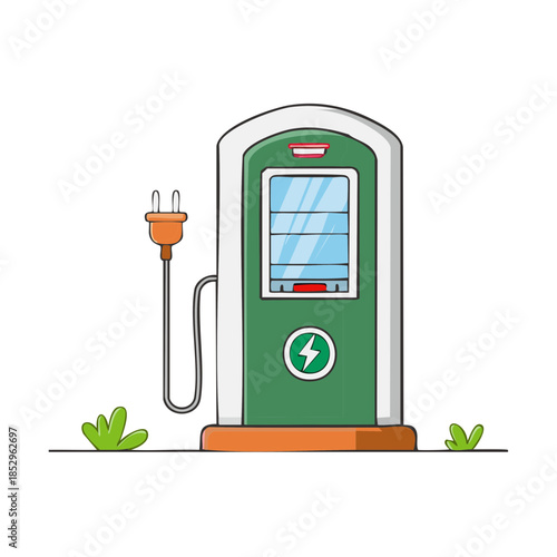 Electric vehicle charging station with plug for cars green energy cartoon illustration