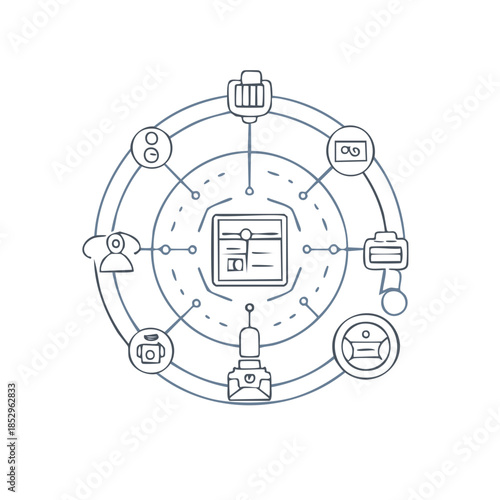 Smart device network concept vector doodle style illustration representing connected home appliances and technology