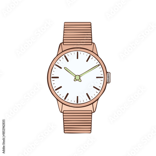 Wristwatch with rose gold band, simple graphic representation of classic timepiece