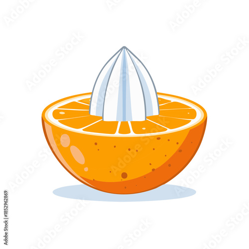Freshly Squeezed Orange Juice: Illustration of Half Orange Fruit with Juicer, Healthy Morning Drink Preparation