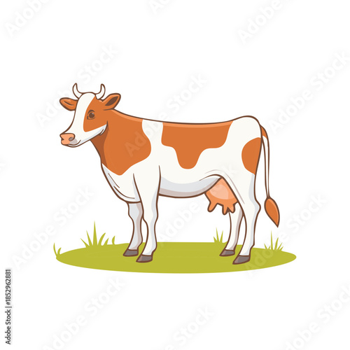 Cartoon illustration of a red and white dairy cow standing on green grass in a simple vector style