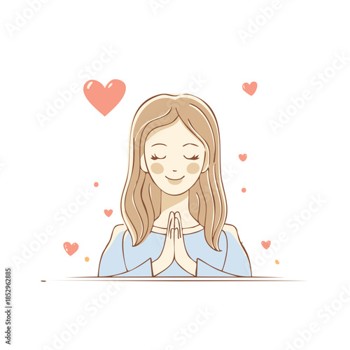 Woman with hands clasped, eyes closed surrounded by hearts expressing gratitude and love