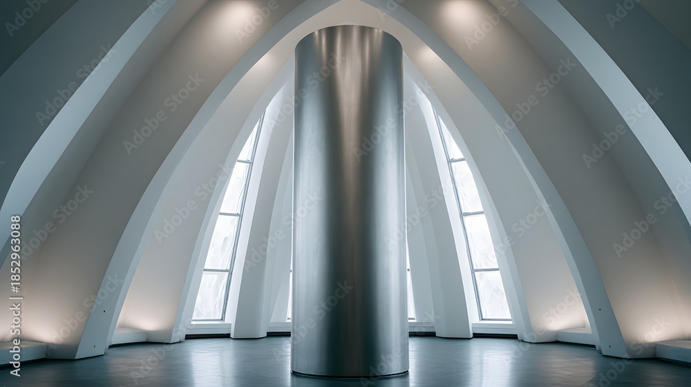 Fototapeta premium Modern Architectural Interior Design with Arched Ceiling and Central Column.