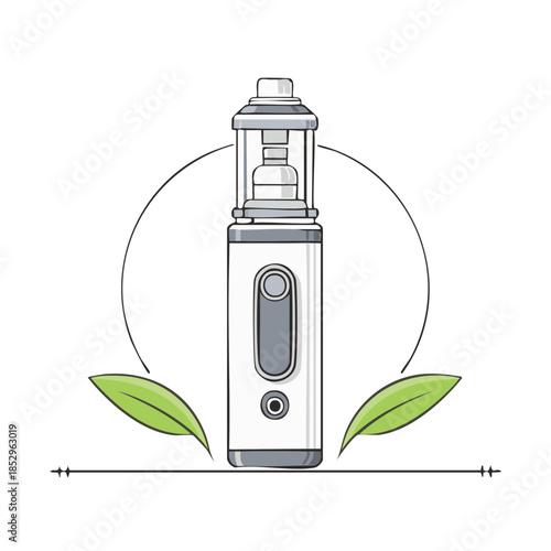 Stylized Vaporizer Illustration with Green Leaves, Alternative Smoking Concept
