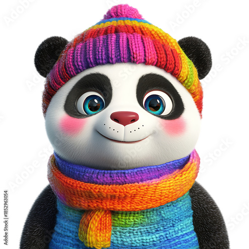 Cute panda wearing rainbow knit hat and scarf isolated on a transparent background