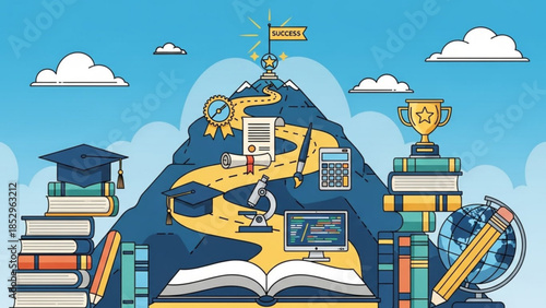 Road to success illustration showing education and learning journey with books graduation caps and trophies on a mountain path symbolizing achievement and knowledge