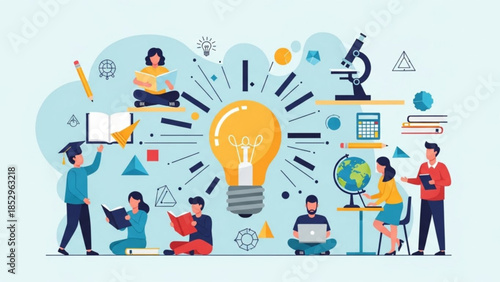 Diverse group of people learning and collaborating around a central glowing lightbulb idea representing education innovation and teamwork flat vector illustration