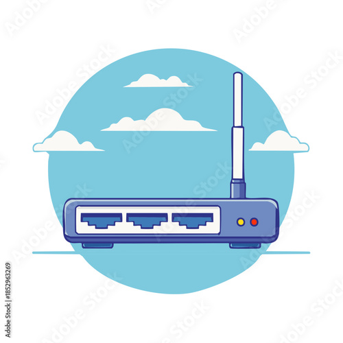 Wireless Router with Antenna for Home Office Network Connection and Blue Sky Design