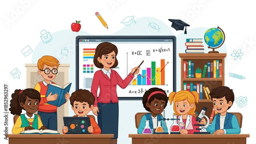 Diverse group of students learning in a classroom with a teacher explaining a graph on a digital board representing education and knowledge