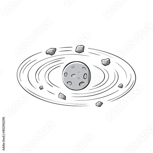 Space debris orbits a gray planet. Celestial objects move in a swirling orbit around a planetary body. A scientific illustration of planetary rings.