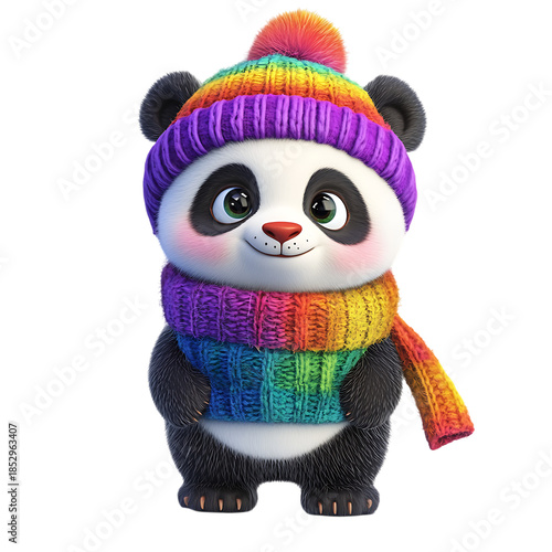 Cute panda with rainbow hat and scarf isolated on a transparent background animal