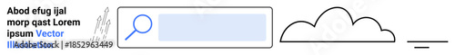 Cloud computing, data search, digital storage, information technology, online research, file management. Search bar with magnifying glass and cloud symbol. Cloud computing and data search concept