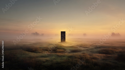 Mysterious monolith rising above a sea of clouds at sunrise, surreal landscape.