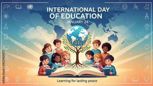 Diverse group of children learning around a tree of knowledge celebrating International Day of Education on January 24 symbolizing global unity and peace